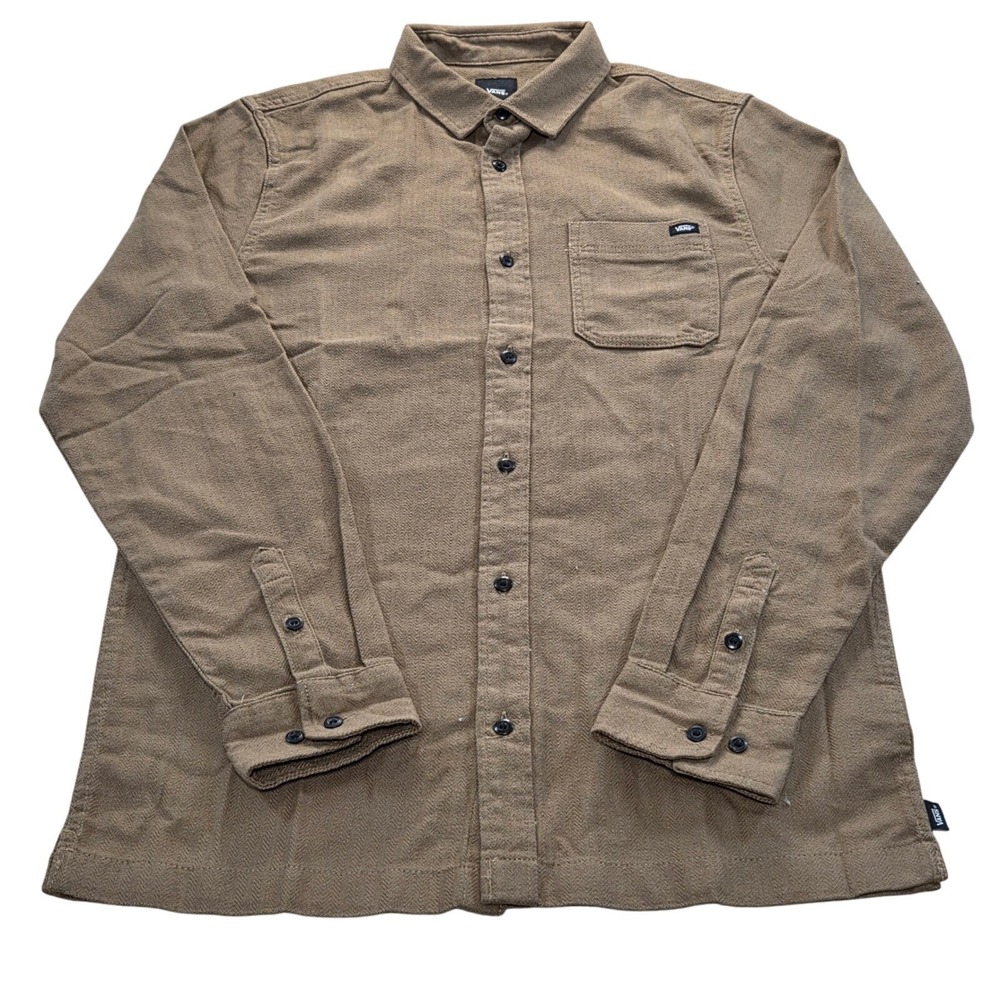 NWT Vans Mens Button Up Shirt Small Otter Brown Long‎ Sleeve Herringbone Pattern